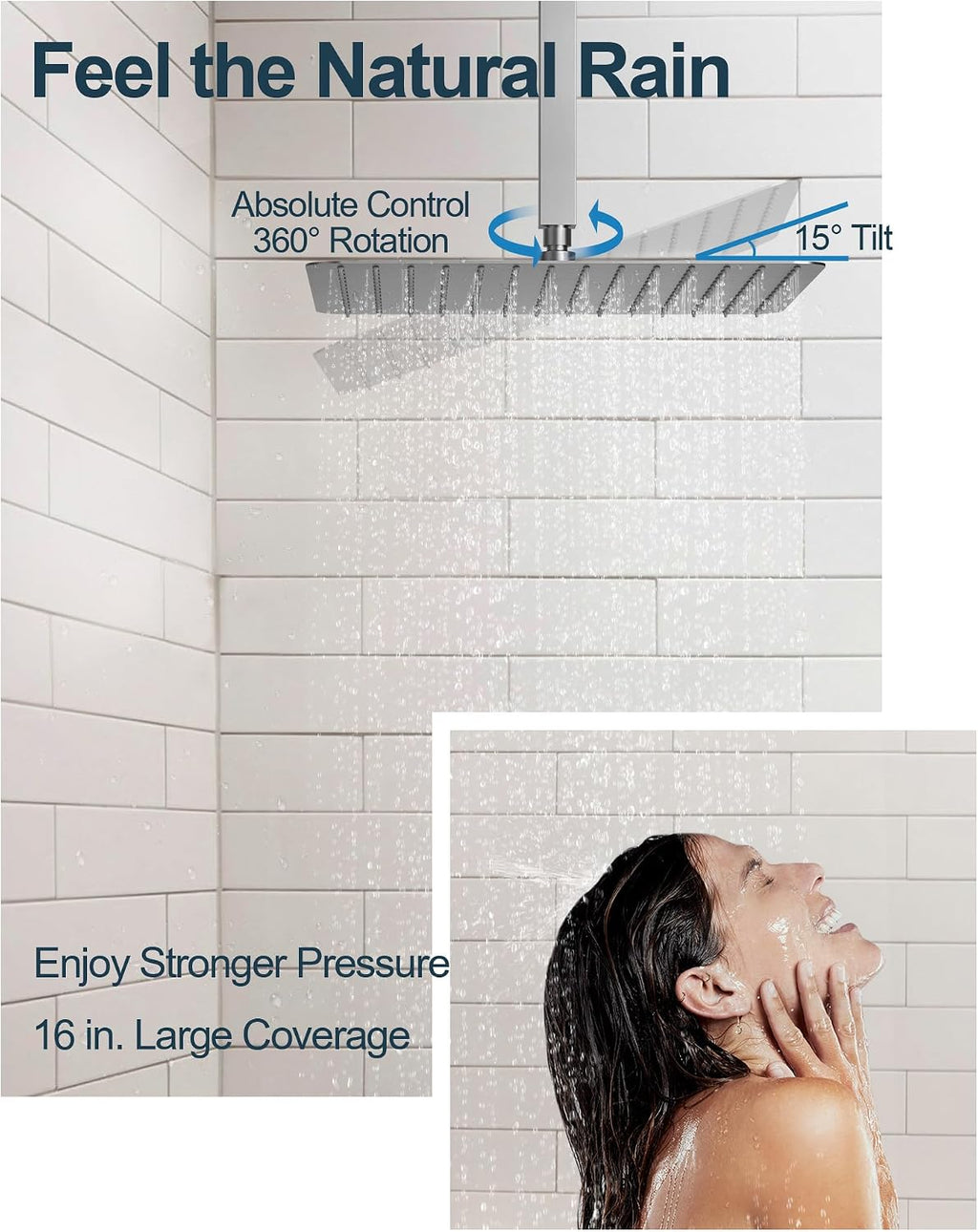 Thermostatic Shower System, 16' Ceiling Mount Rainfall shower Head with Double 6' Shower Head, Brushed Nickel
