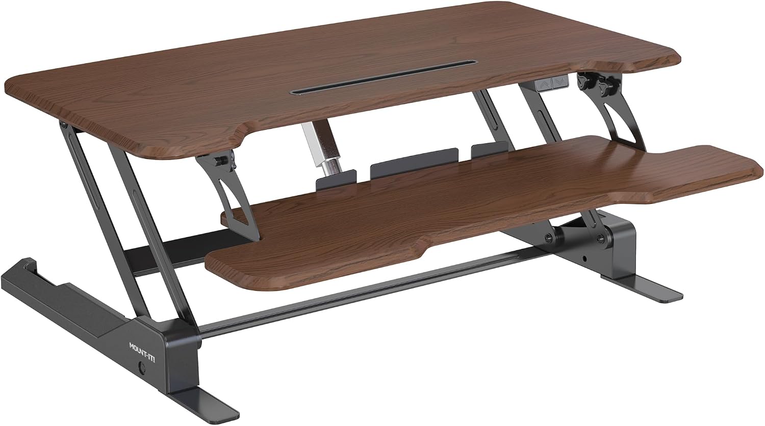 Mount-It! Electric Standing Desk Converter with 38' Tabletop, Height Adjustable Desk Riser, Motorized Desk Riser with Keyboard Tray and Device Slot, Fits Monitor & Laptop, Dark Walnut
