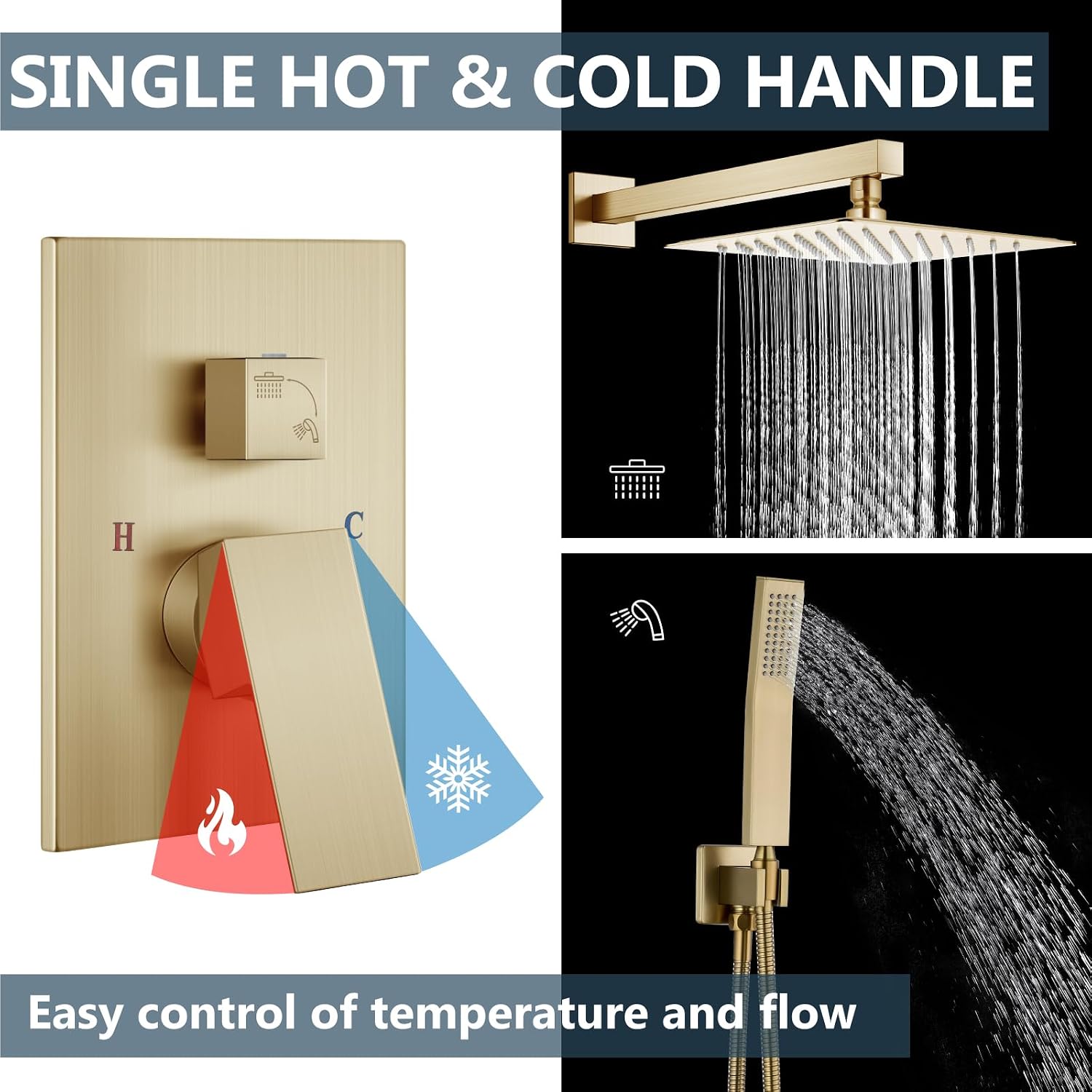 Aolemi Shower Faucet Set Rain Shower System with Handheld Spray Bathroom Shower Combo Rough-in Valve and Shower Trim Kit Included Brushed Gold 8 Inch Wall Mount Shower Head