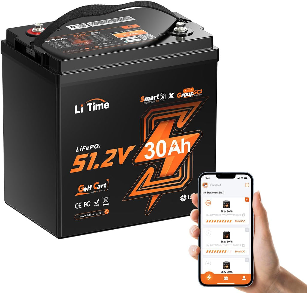 LiTime 48V 30Ah Lithium Golf Cart Battery, Built-in 80A BMS, Bluetooth 5.0 & Low-Temp Protection, Support up to 3kW Motor, Perfect for Golf Carts