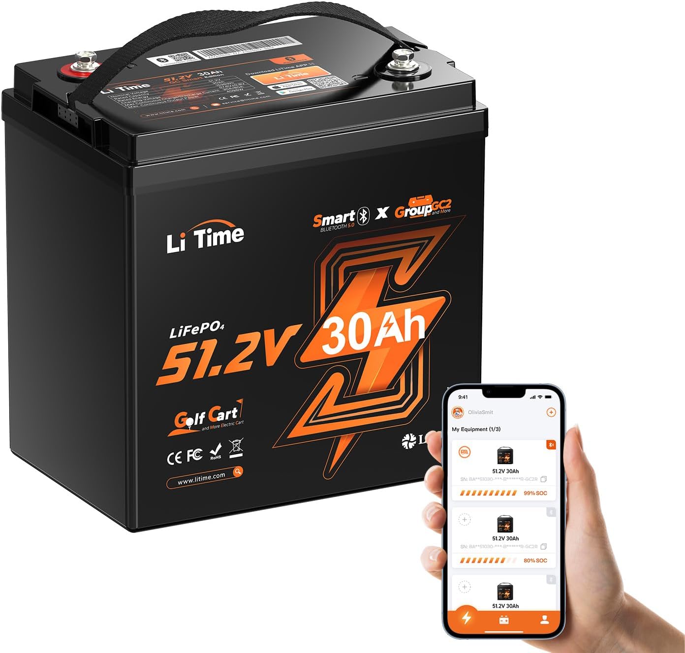 LiTime 48V 30Ah Lithium Golf Cart Battery, Built-in 80A BMS, Bluetooth 5.0 & Low-Temp Protection, Support up to 3kW Motor, Perfect for Golf Carts
