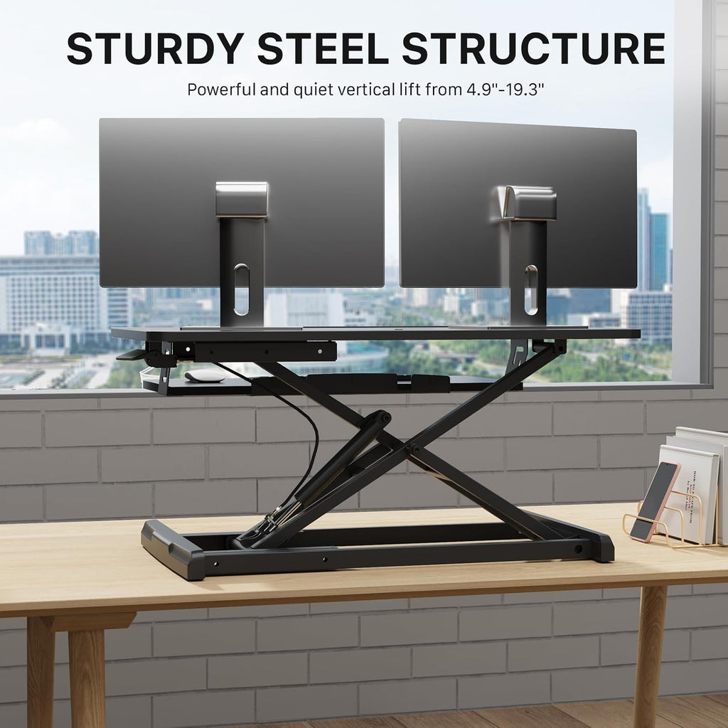 JOY worker Standing Desk Converter, 32' Wide Height Adjustable Sit Stand Up Desk Riser with Keyboard Tray, Desktop Workstation Riser for Home Office Computer Laptop, Particle Board, Black