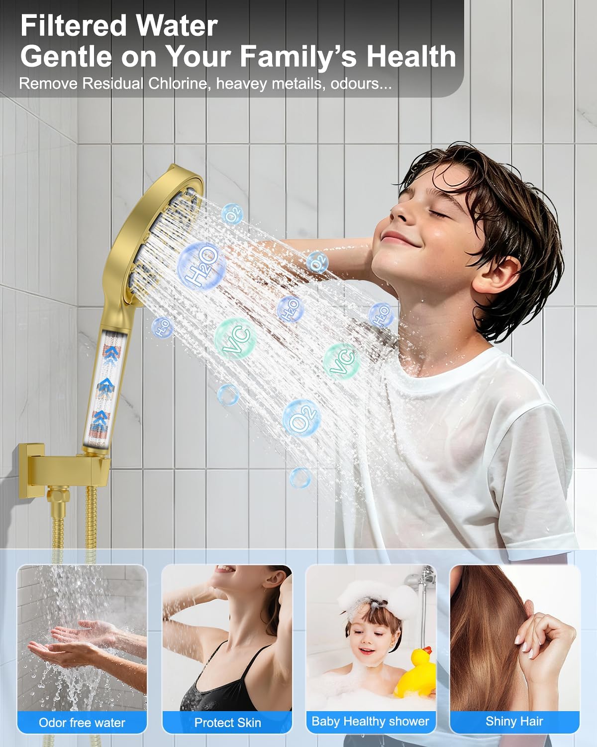 Brushed Gold Shower System Set - Complete with Valve Kit, Rainfall & Filtered Handheld Shower Head spray, Modern Bathroom Fixtures