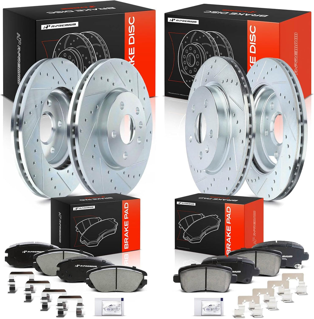 A-Premium Front and Rear Drilled and Slotted Disc Brake Rotors + Ceramic Pads Kit Compatible with Select Buick, Chevy and Saab Models - Allure, LaCrosse, Regal, Impala, Malibu, Malibu Limited, 9-5