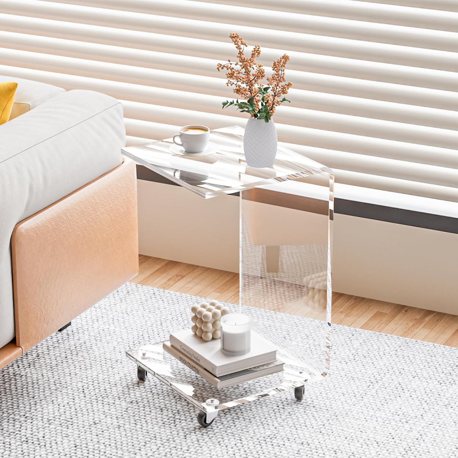 Acrylic C Table with Wheels, 2-Tier Mobile Side Table for Small Spaces, Sofa/Couch End Table, Clear Drink Table, Modern Laptop Stand for Living Room Bedroom, 13.8' L x 13' W x 22' H