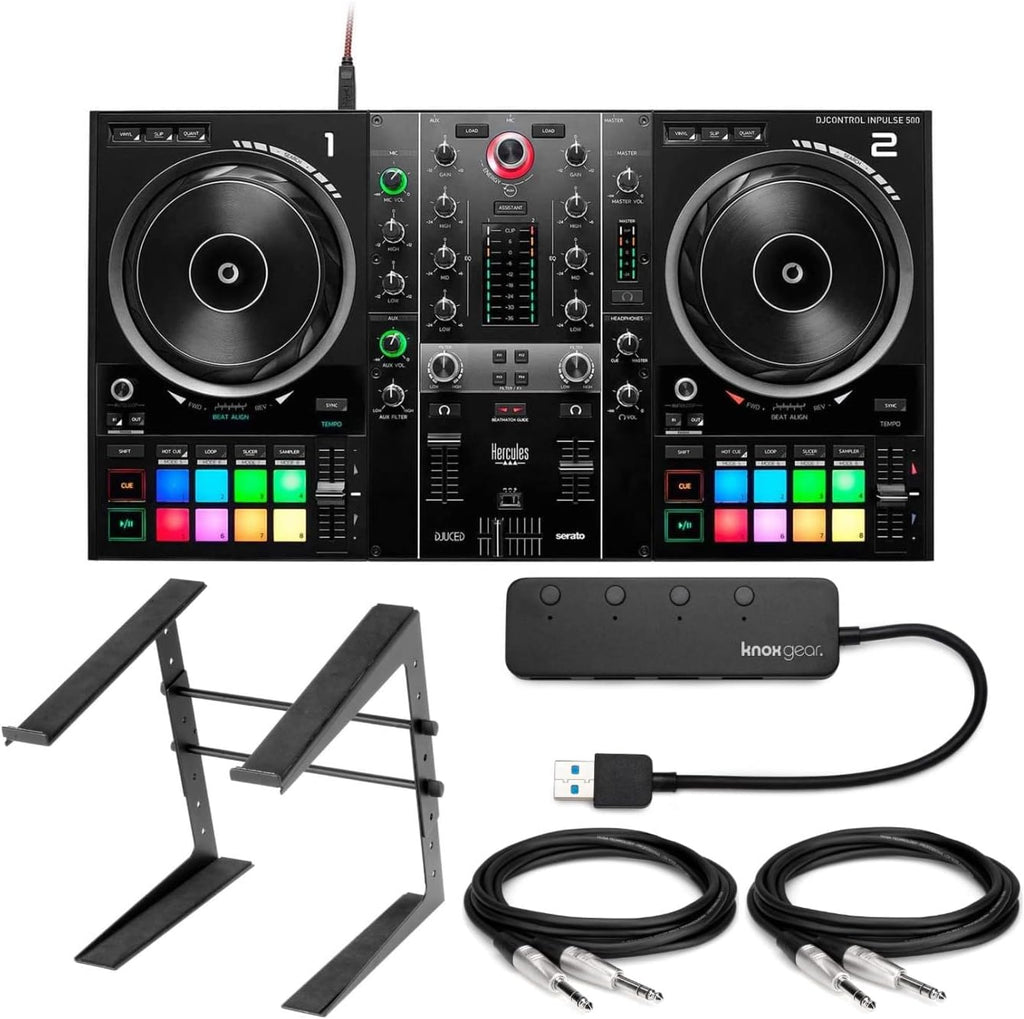 Hercules DJControl Inpulse 500 2-Deck USB DJ Controller Bundle with Laptop Stand, 4-Port USB Hub and Cables (2-Pack) (5 Items)