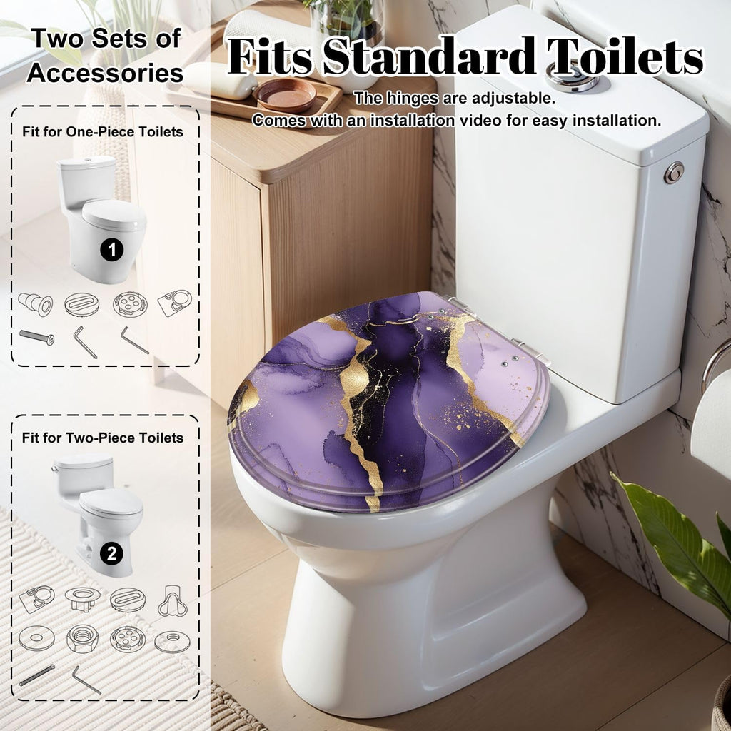 Round Toilet Seat Purple marble gold stripes alcohol ink Luxury violet black watercolor Resin Toilet Seat Slow Quiet Close Lid with Quick-Release Hinges Cover Bumpers Easy to Clean Install