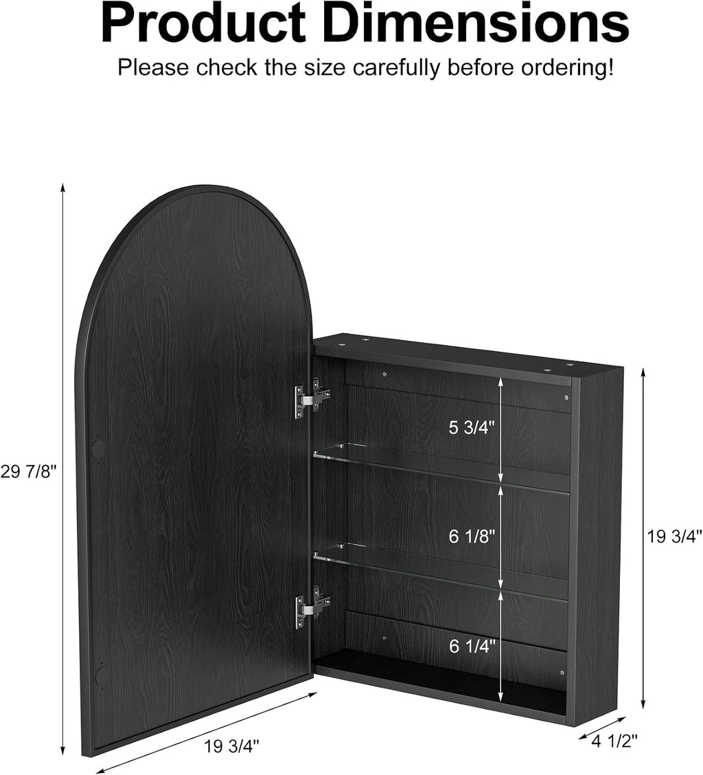 Brushed Black Arched Medicine Cabinet with Mirror, Wall Mount Bathroom Storage Cabinet, Surface Mount, Reversible Left/Right Opening Door, Modern Metal Framed Mirror Cabinet, 20 x 30 Inch