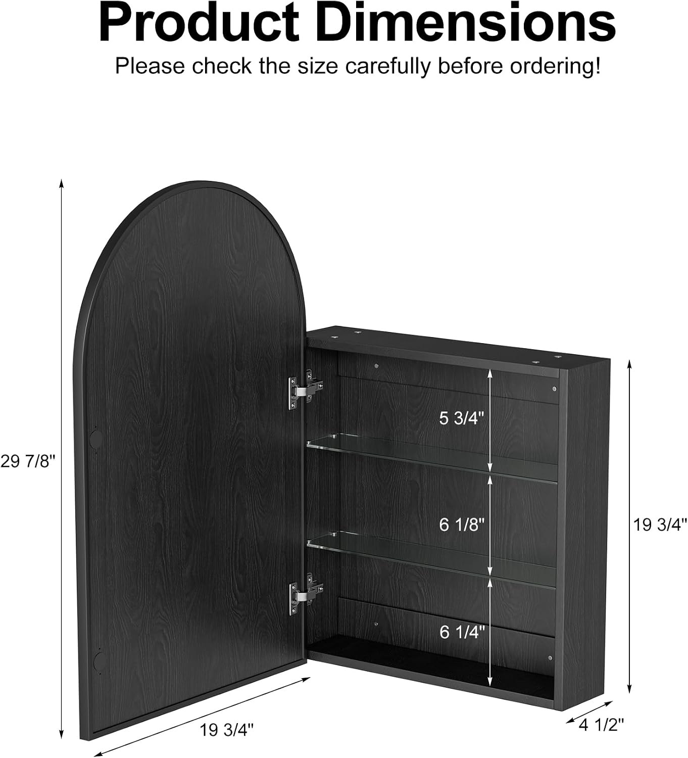 Brushed Black Arched Medicine Cabinet with Mirror, Wall Mount Bathroom Storage Cabinet, Surface Mount, Reversible Left/Right Opening Door, Modern Metal Framed Mirror Cabinet, 20 x 30 Inch