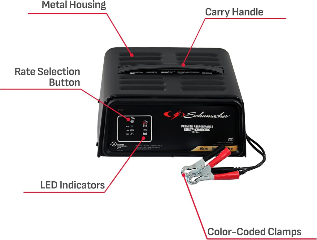 Schumacher Electric 6A Car Battery Charger and 50A Engine Starter,4-in-1 Solution,Maintainer,10A Boost,for 12V Power Sport,Automotive,and Marine Batteries,SC1361,(Pack of 2)