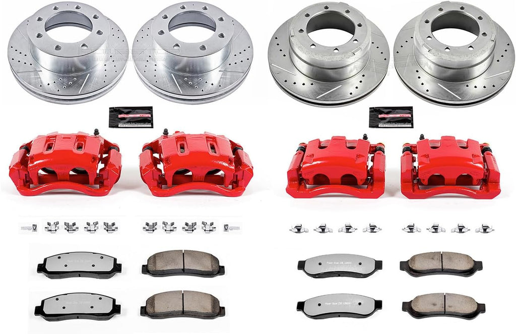 PowerStop Front and Rear Brake & Caliper Kit for Ford F-350 Super Duty 2005-10 - Drilled & Slotted Disc Rotors + Z36 Brake Pads + Red-Powder Coated Calipers, KC4033-36