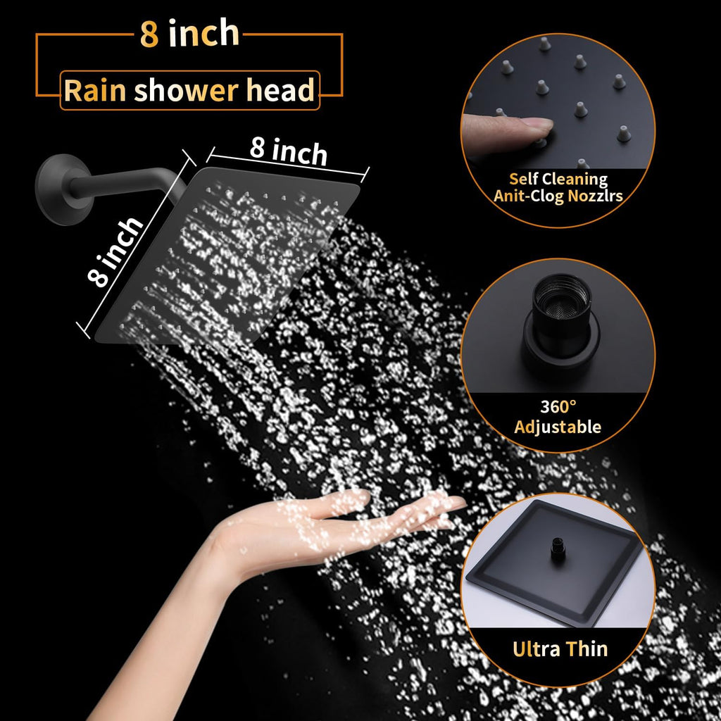 AYIVG Matte Black 4 Function Dual Shower Head System 16 X 24 Inch Rainfall Waterfall And 8 Inch Wall Mount With Handheld shower head Digital Display Shower Valve Set