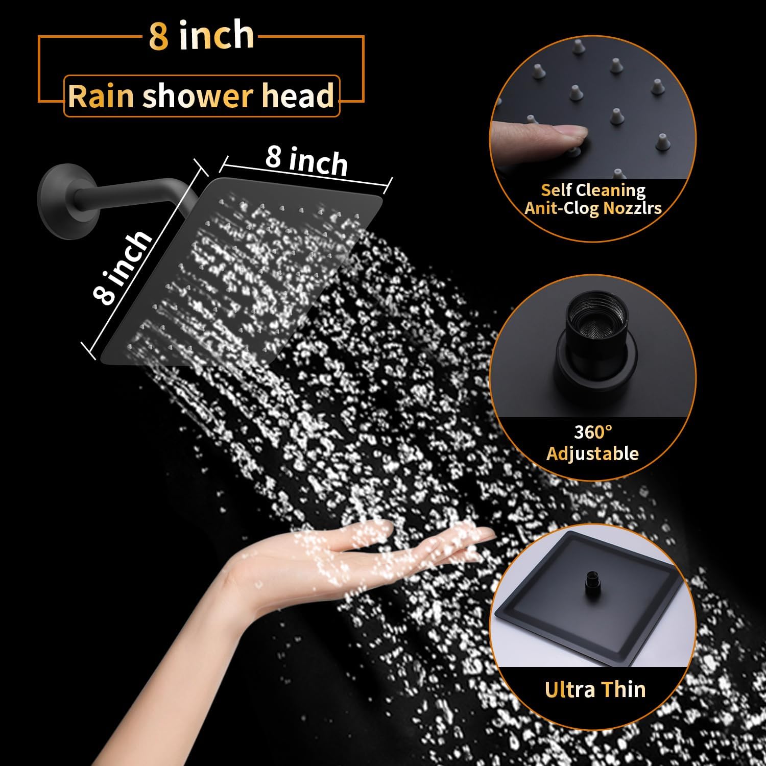 AYIVG Matte Black 4 Function Dual Shower Head System 16 X 24 Inch Rainfall Waterfall And 8 Inch Wall Mount With Handheld shower head Digital Display Shower Valve Set