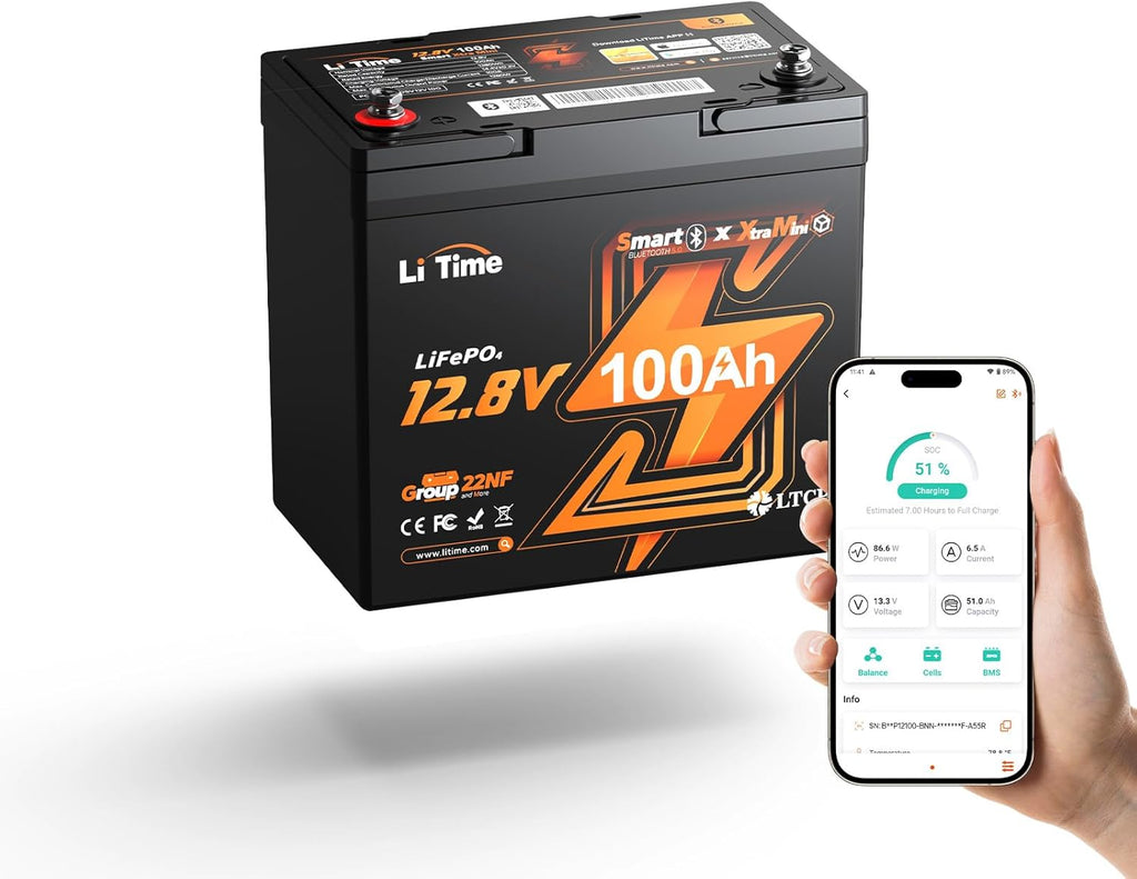 Litime 12V 100Ah Xtra-Mini Bluetooth Trolling Motor LiFePO4 Battery, 12 Volt MINI Small Lithium Batteries, Up to 15000 Deep Cycle, 100A BMS for RV, Camper, Travel Trailers, Boat, Yacht, Kayak