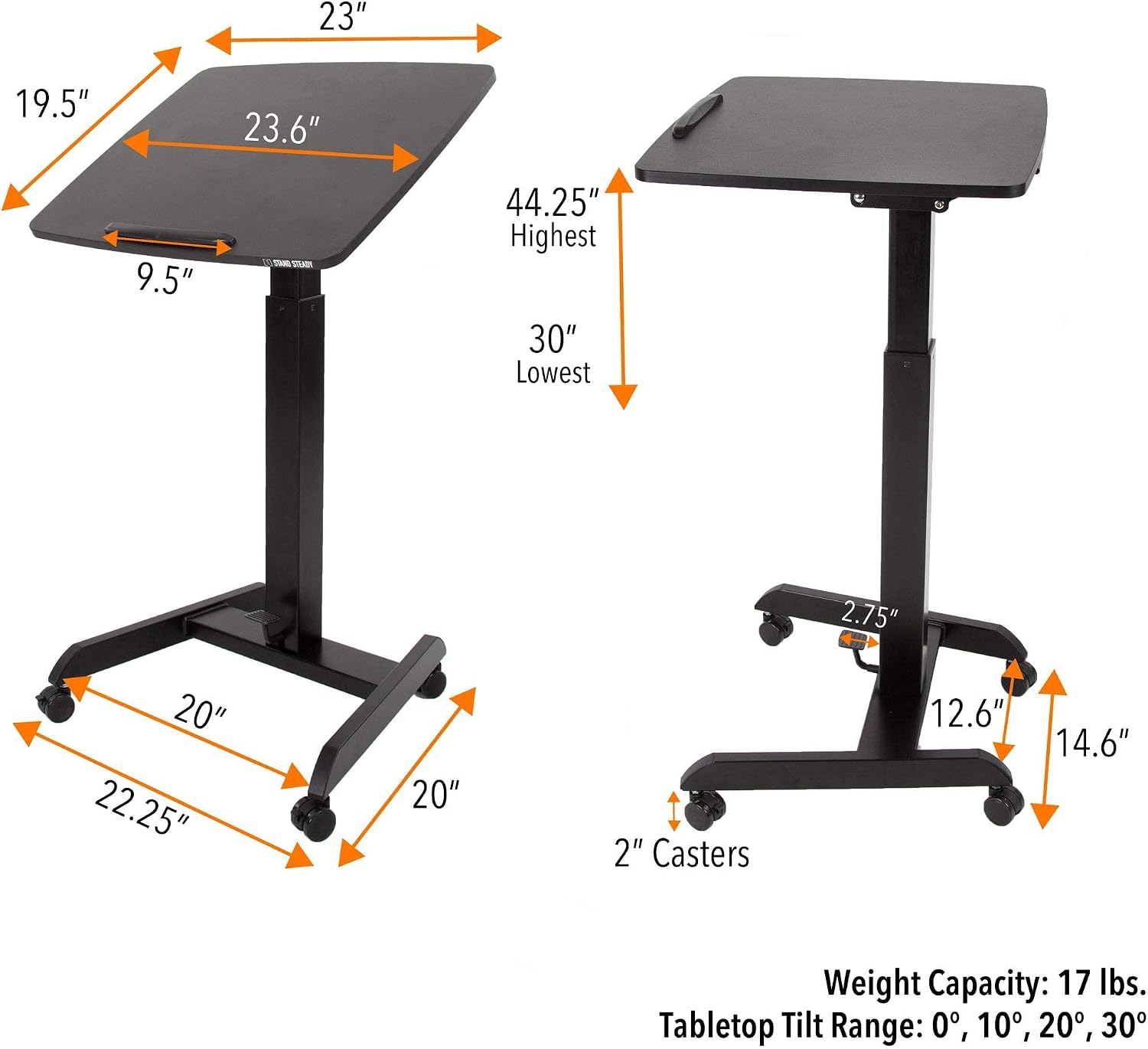 Stand Steady Multifunctional Mobile Podium Desk | Portable Sit to Stand Lectern with Pneumatic Height Adjustment & Tilting Desktop | Rolling Laptop Stand | Mobile Desk for School, Home, Office (Black)