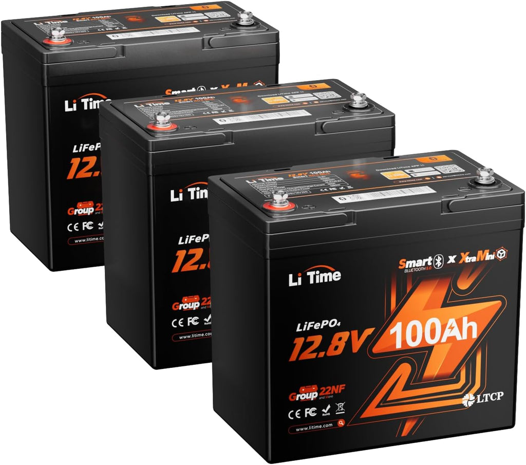 LiTime 12V 100Ah Xtra-Mini Bluetooth Trolling Motor LiFePO4 Battery, 12 Volt MINI Small Lithium Batteries, Up to 15000 Deep Cycle, 100A BMS for RV, Camper, Travel Trailers, Boat, Yacht, Kayak (3-Pack)