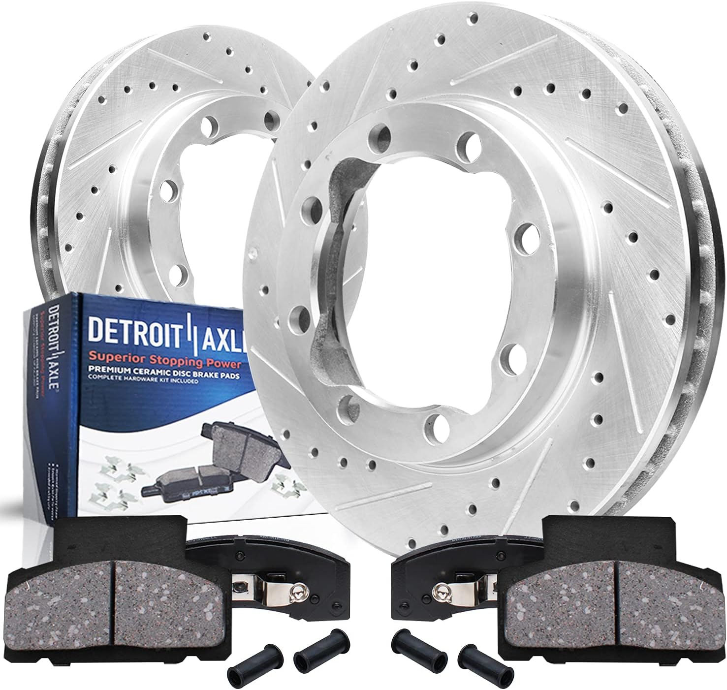 Detroit Axle - Front Brake Kit for 1994-1999 Dodge Ram 2500 RAM 3500, 90-00 Chevy GMC K3500 Drilled & Slotted Disc Brake Rotors Ceramic Brakes Pads 1995 1996 1997 1998 Replacement