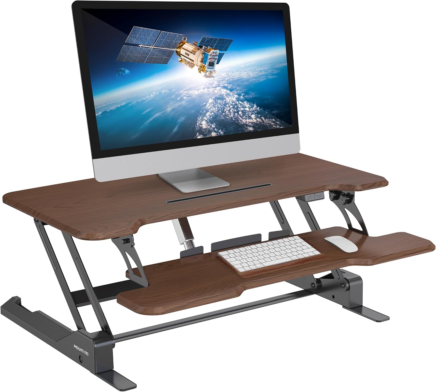 Mount-It! Electric Standing Desk Converter with 38' Tabletop, Height Adjustable Desk Riser, Motorized Desk Riser with Keyboard Tray and Device Slot, Fits Monitor & Laptop, Dark Walnut