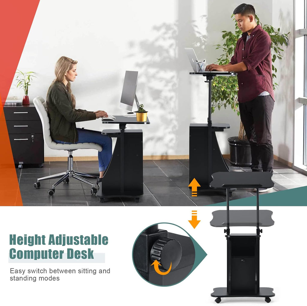 COSTWAY Mobile Lectern Podium Stand, Rolling Laptop Cart w/ 180° Tilting Tabletop, Storage Compartments & Lockable Casters, Sit-to-Stand Computer Workstation for Home, Office, School (Black, Set of 2)