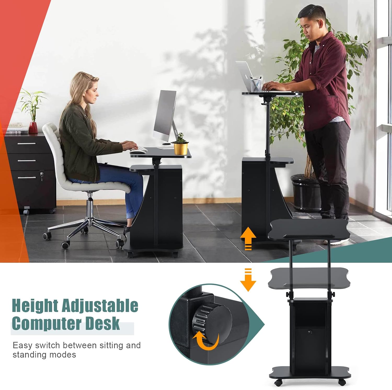 COSTWAY Mobile Lectern Podium Stand, Rolling Laptop Cart w/ 180° Tilting Tabletop, Storage Compartments & Lockable Casters, Sit-to-Stand Computer Workstation for Home, Office, School (Black, Set of 2)