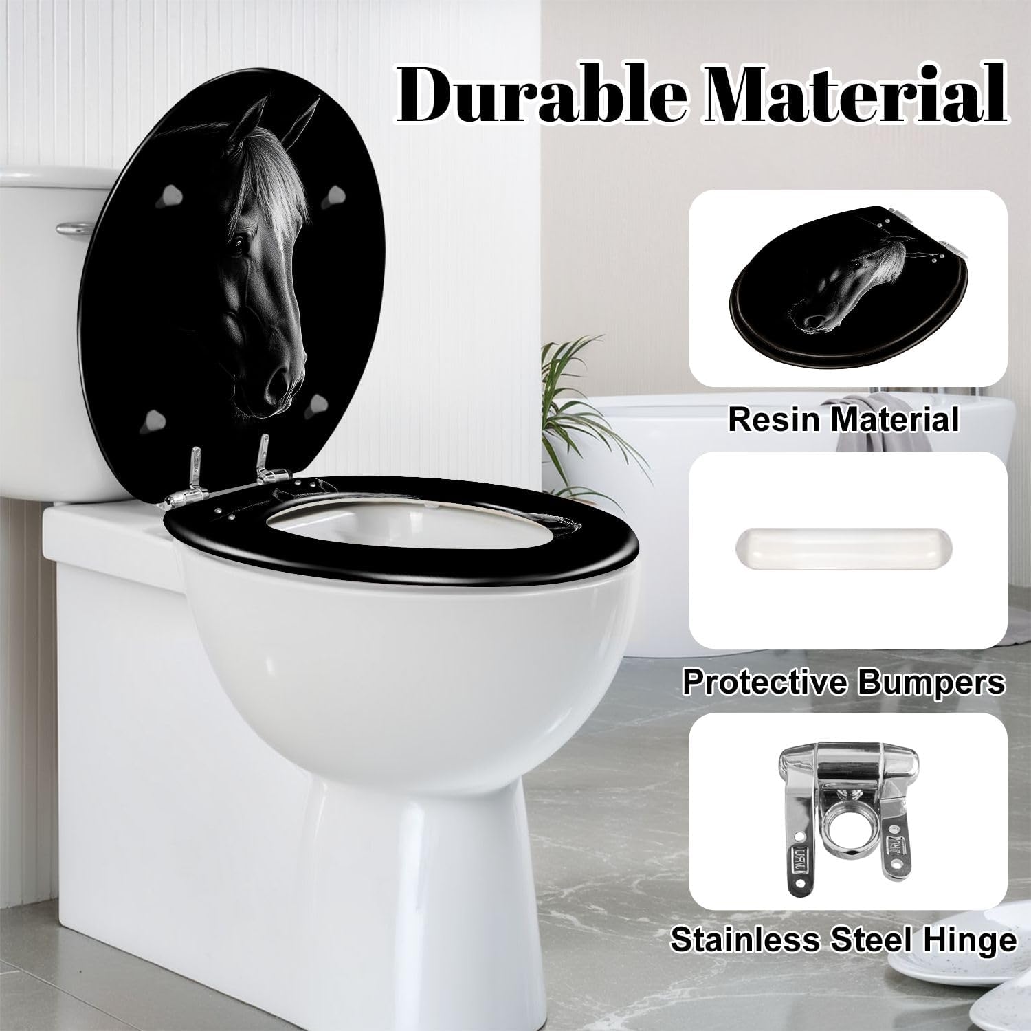 Round Toilet Seat horse Resin Toilet Seat Slow Quiet Close Lid with Quick-Release Hinges Cover Bumpers Easy to Clean Install