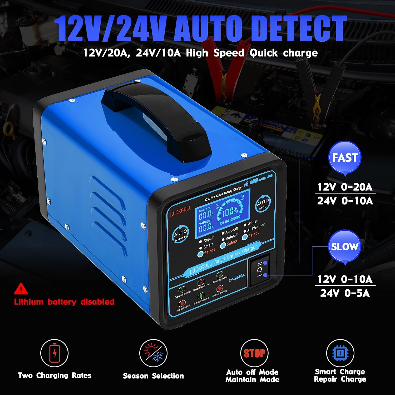 12V/24V Car Battery Chargers Heavy Duty, 15A Automatic Battery Maintainer with Auto Shutoffs, Repair, Winter Mode, High/Low Power Smart Trickle Charger and Desulfator,for Boat,Motorcycle