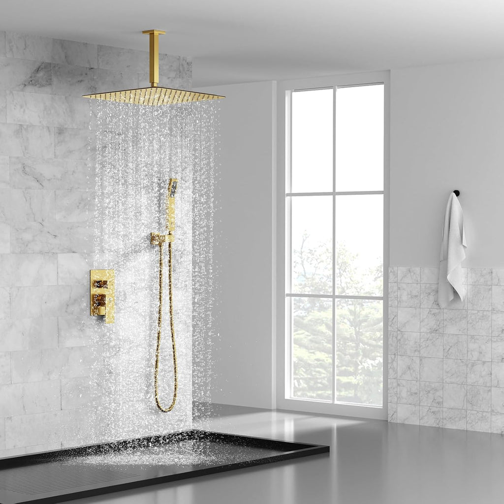 SR SUN RISE 16 Inch Ceiling Mounted Shower System Rain Mixer Shower Combo Set Rainfall Shower Head System Brushed Gold Shower Faucet Rough-in Valve Body and Trim Included