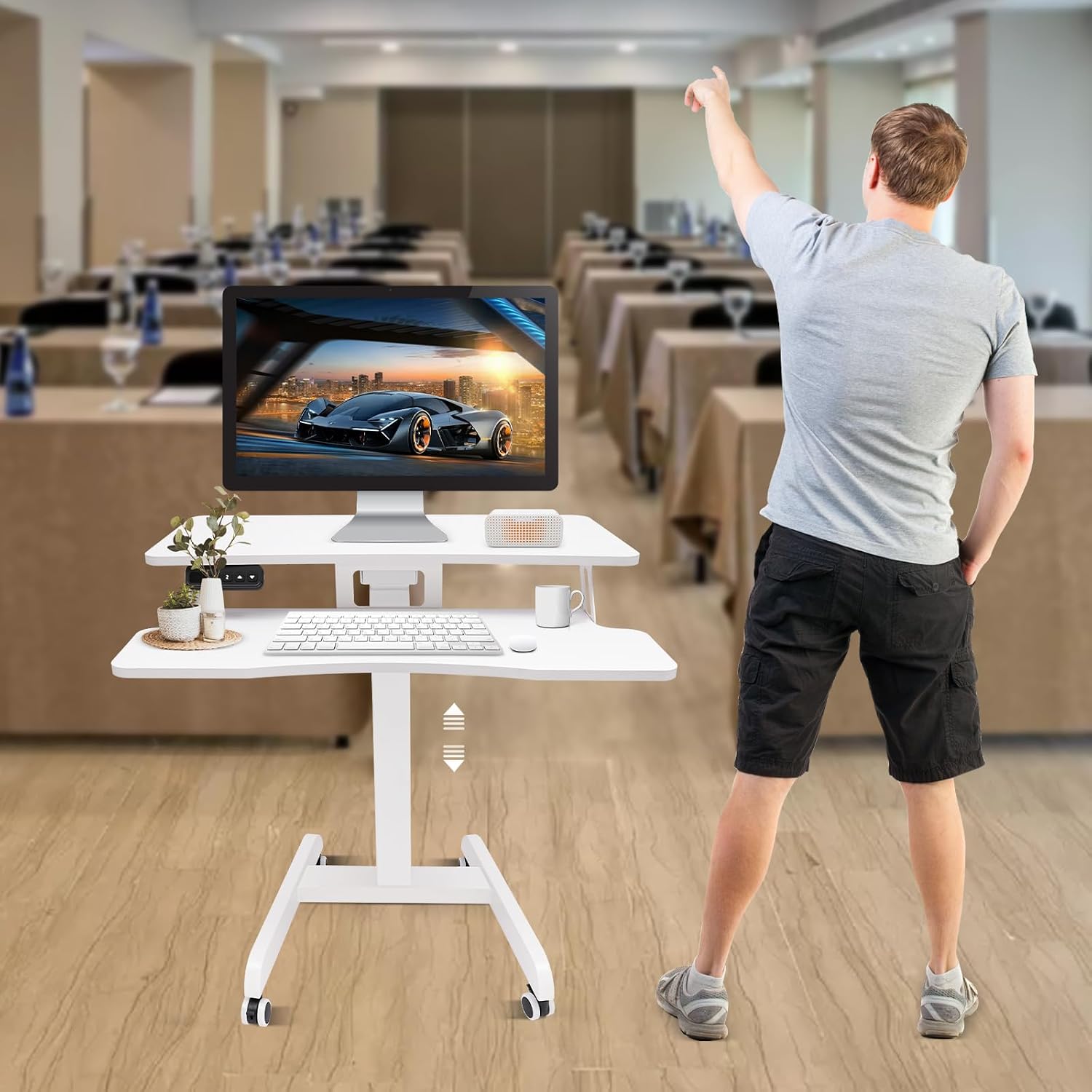 Electric Standing Desk, Adjustable Height Rolling Laptop Table, Mobile Computer Workstation Stand with Wheels & Keyboard Tray, Portable Bed Couch Side Work Desks Cart, Movable Podium for Office