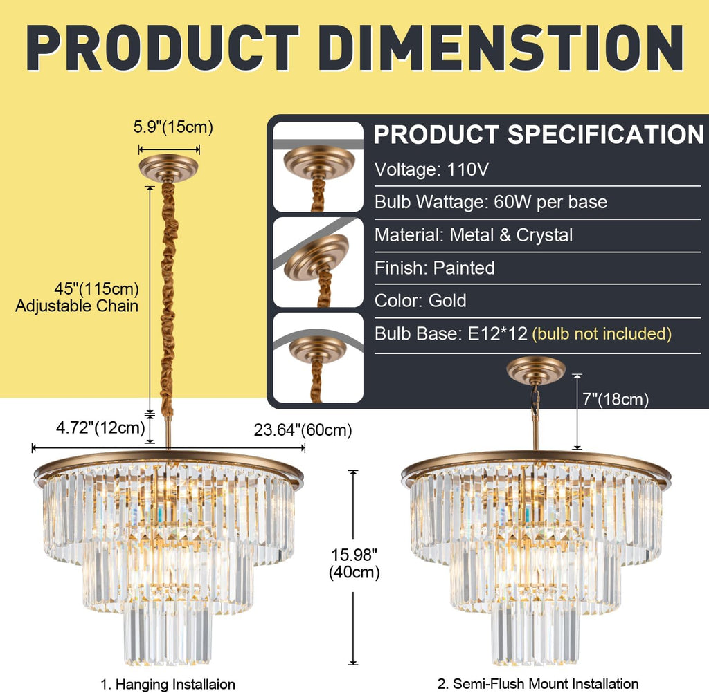 12-Light 23.64' Gold Modern Crystal Chandelier Crystal Pendant Chandeliers Light Fixture 3-Tier Hanging Lighting for Living Dinning Room Bedroom Foyer