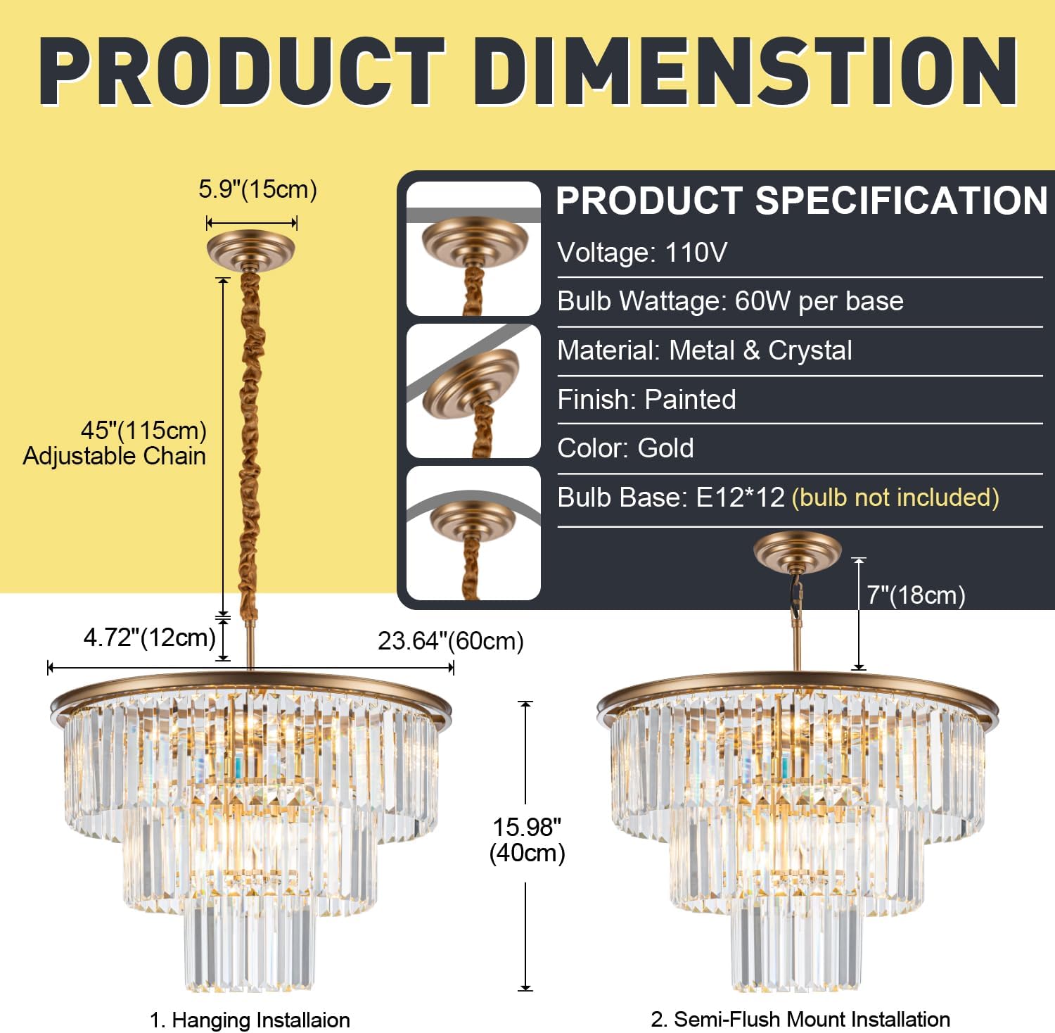 12-Light 23.64' Gold Modern Crystal Chandelier Crystal Pendant Chandeliers Light Fixture 3-Tier Hanging Lighting for Living Dinning Room Bedroom Foyer