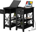 Awescuti Narrow End Table with Charging Station - Farmhouse Slim Side Table Set of 2, w/USB Ports Power Outlets, Nightstand w/Flip Top Storage Drawer, for Small Spaces Living Room Bedroom, Black