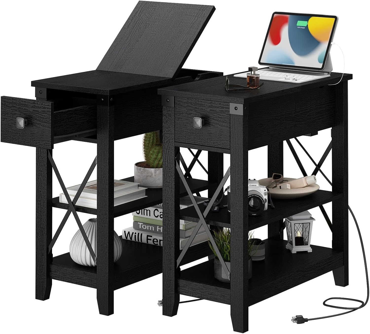 Awescuti Narrow End Table with Charging Station - Farmhouse Slim Side Table Set of 2, w/USB Ports Power Outlets, Nightstand w/Flip Top Storage Drawer, for Small Spaces Living Room Bedroom, Black