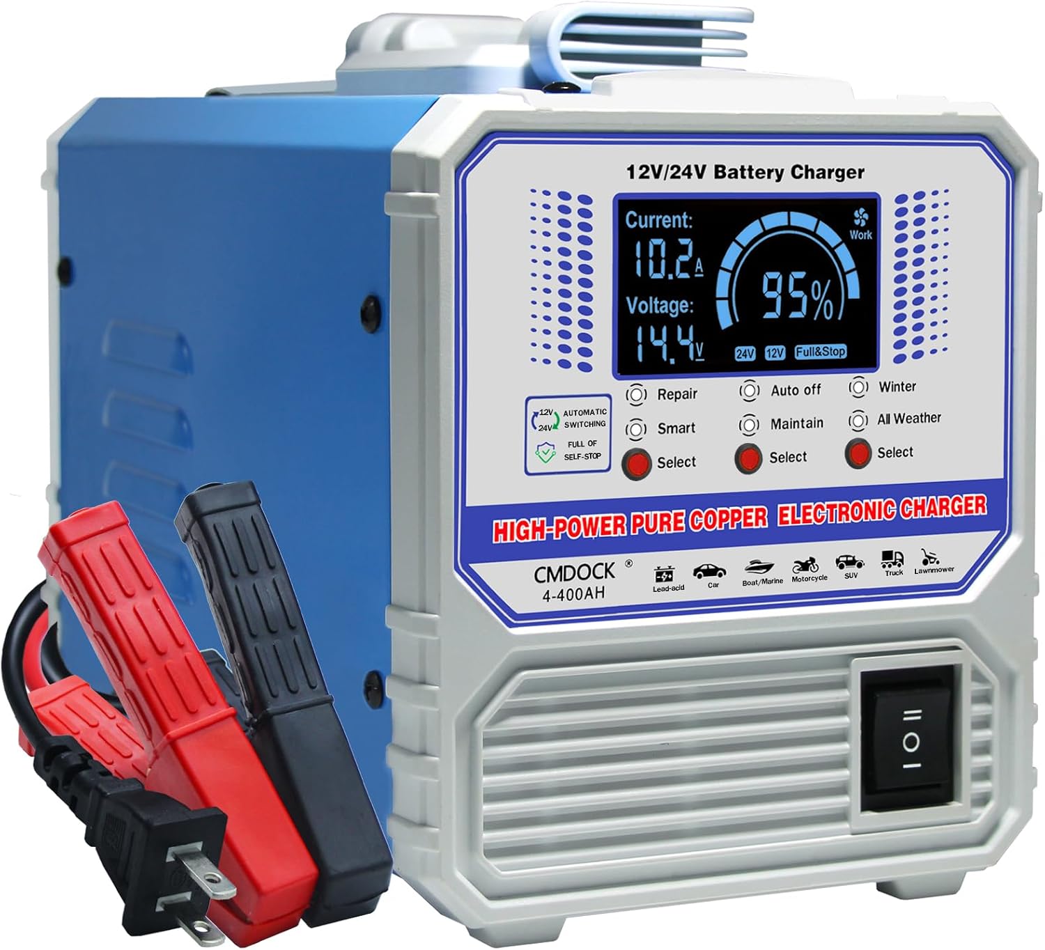Battery Chargers Automobile 12 Volt & 24V Smart Automatic Car Battery Charger,Maintainer with Auto Shutoffs, Repair/Winter Mode,Trickle Charger for Automotive,Truck,Motorcycle,RV,AGM