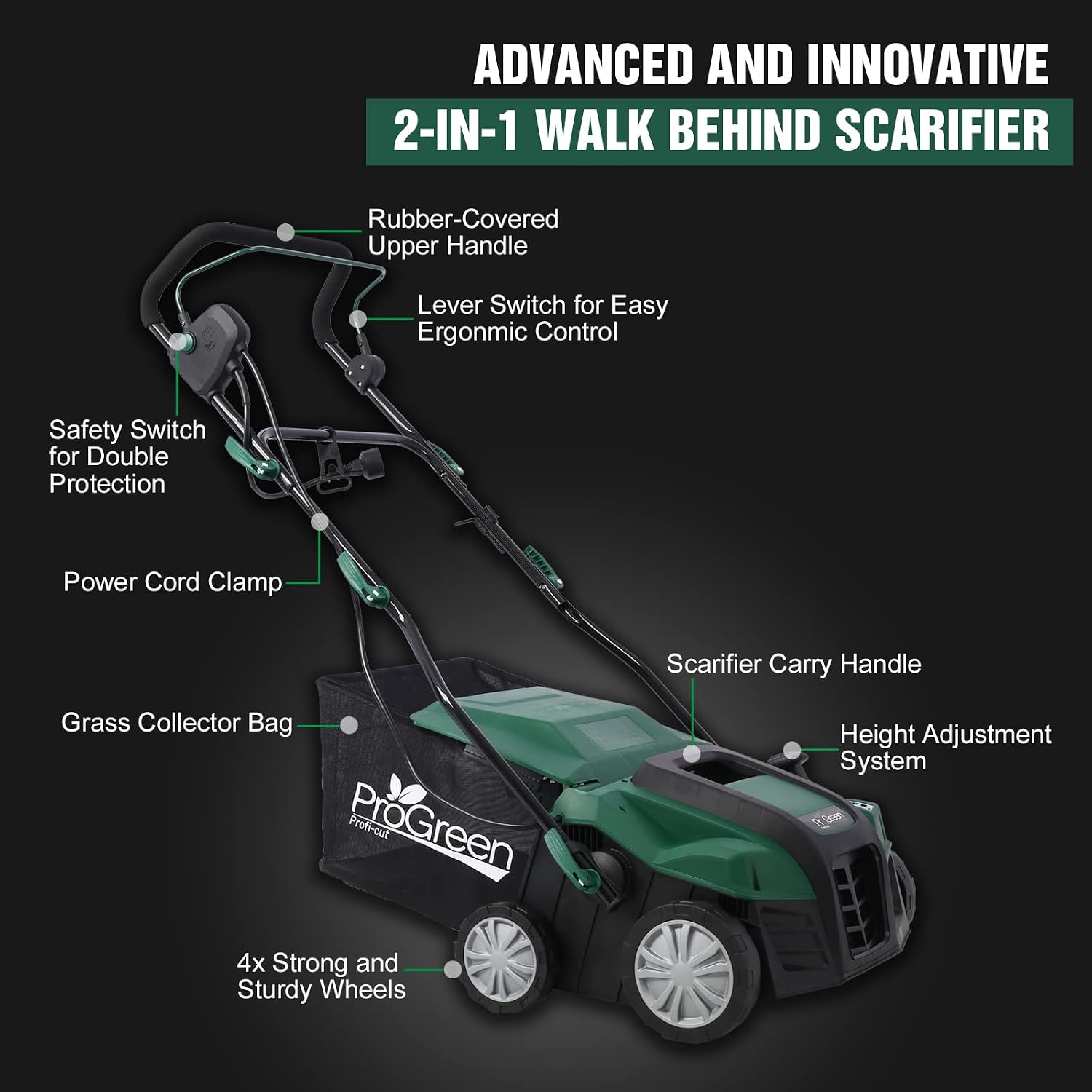 Corded Garden Scarifier, 2-in-1 Electric Dethatcher and Scarifier with 58QT Removable Collection Bag, 16-Inch 15 Amp Push Electric Lawn Dethatcher