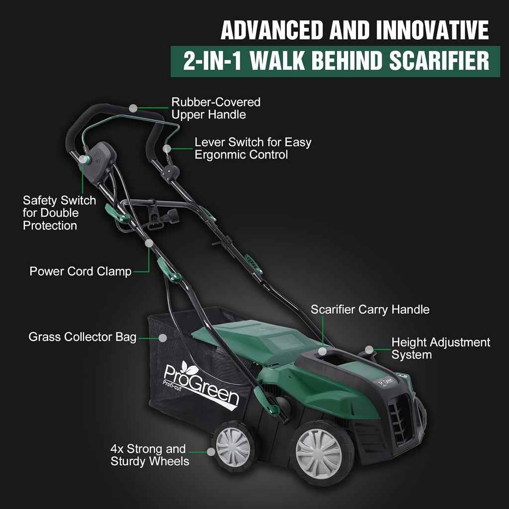 2-in-1 16' Walk Behind Scarifier, 15 Amp Electric Dethatcher Scarifier, Lawn Dethatcher for Yard Lawn Garden Care, Removable Collection Bag Extra Large 58QT (16 inch)