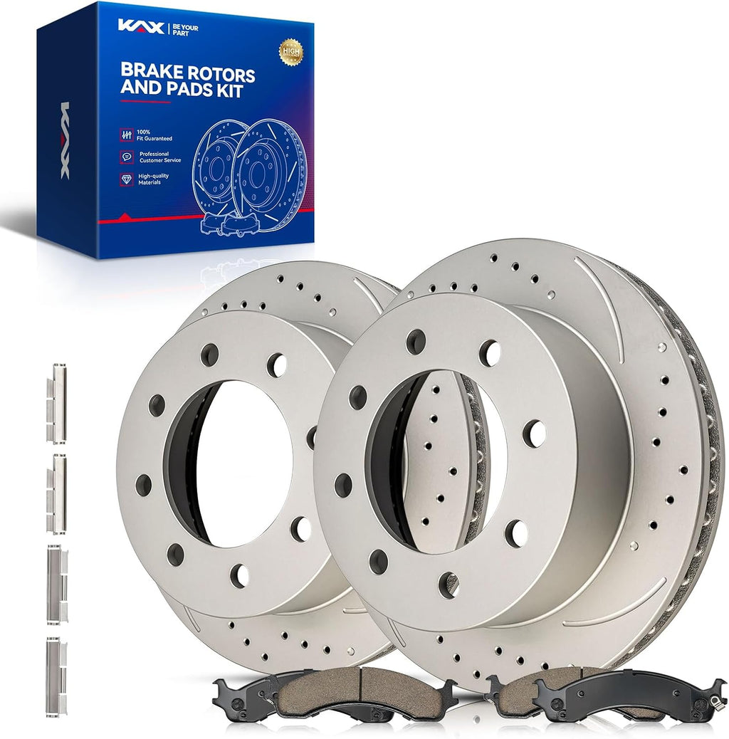 KAX Front Brakes and Rotors for Dodge Ram 2500 2000-2002, Ram 3500 2000-2002, Drilled and Slotted Vented Brake Rotor Ceramic Brake Pad Replacement (#5393+D859, 12.86inch, 326.7MM)