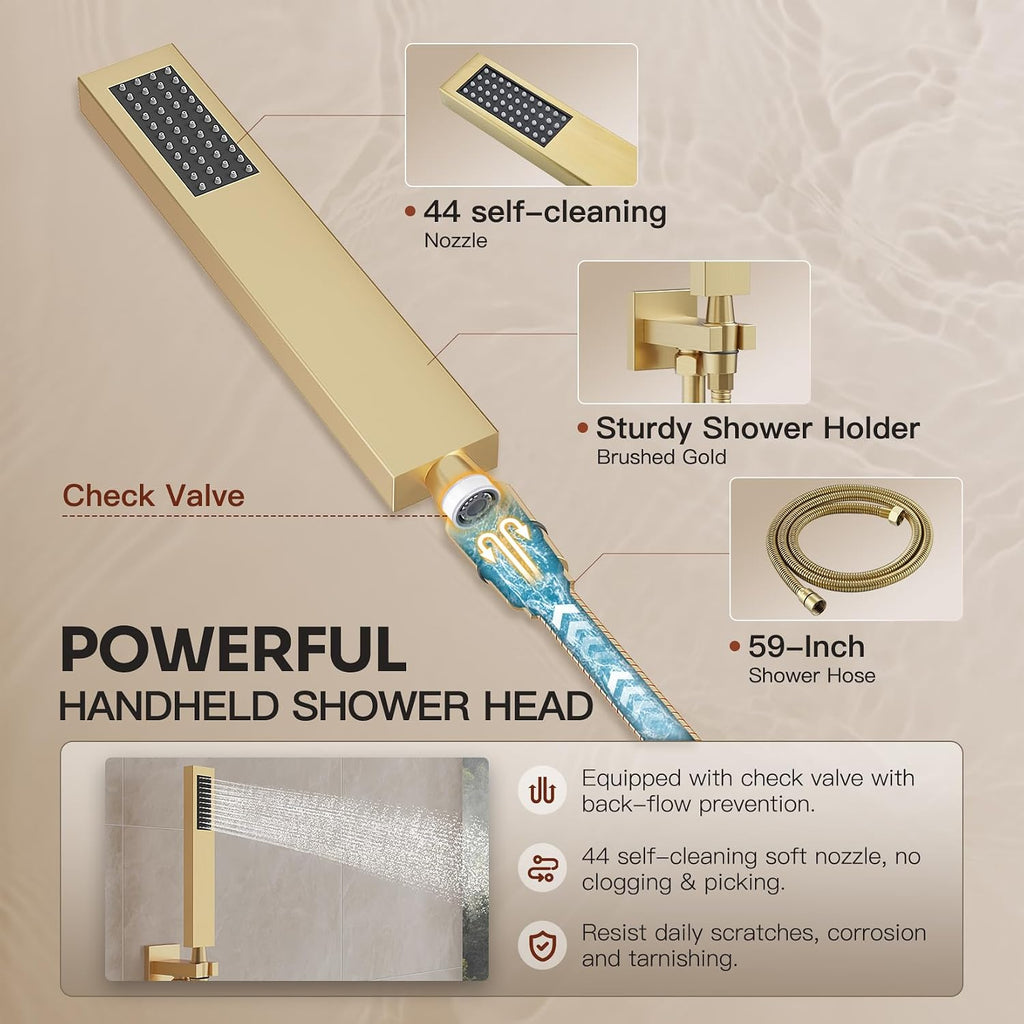 Gold Shower System, Shower Faucet Set with 3 In 1 Push Button Valve, Shower Faucet included 10' Ceiling Shower Head and 8' Wall-Mount Shower Head with Handheld Spray, Brushed Gold