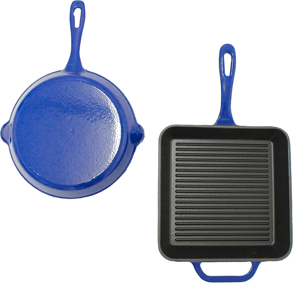 BergHOFF 2Pc Enameled Cast Iron 10' Fry Pan, 10' Grill Pan Set, Induction Cooktop Ready, Oven Safe Up to 400°F, Blue