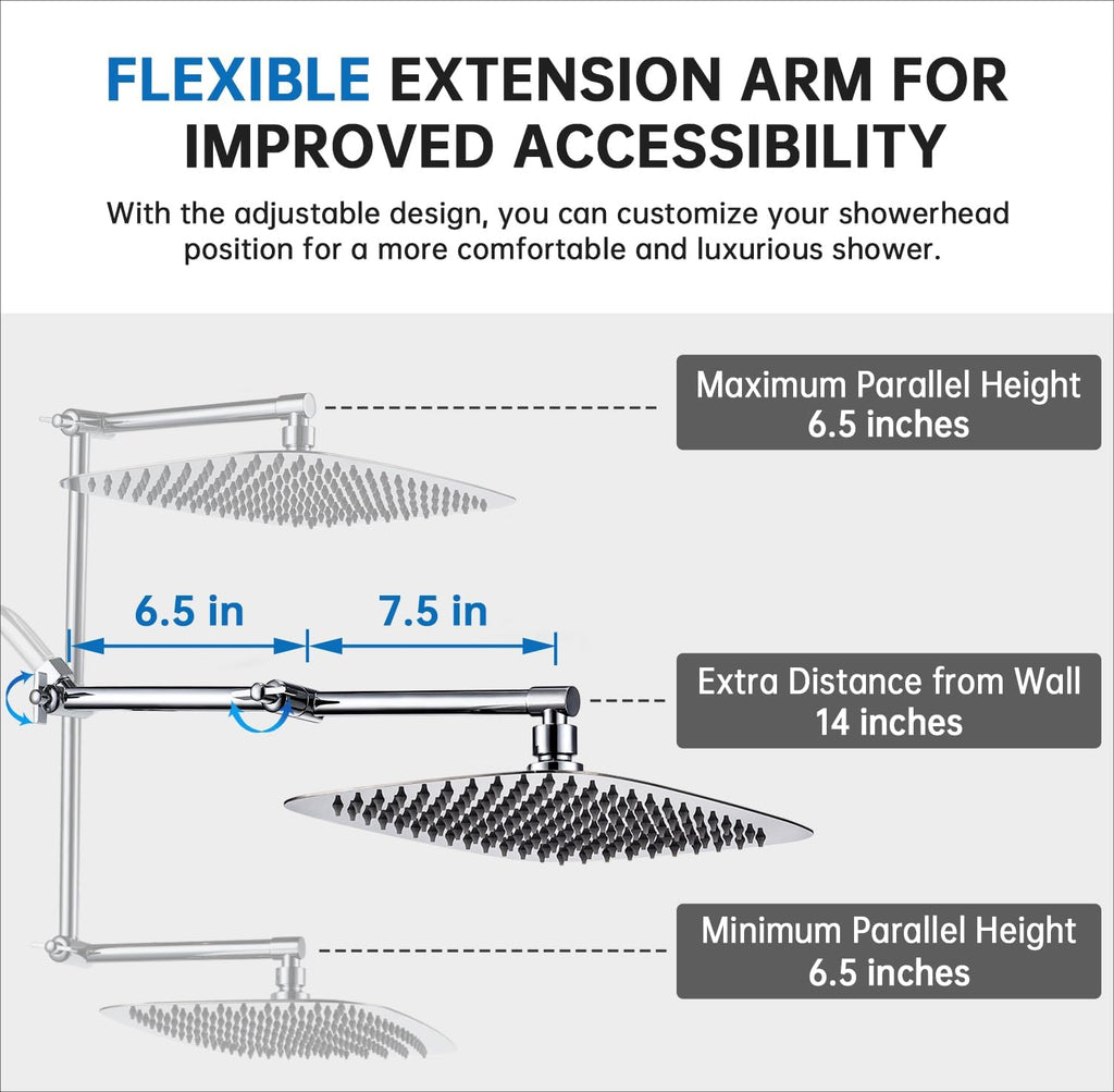 G-Promise All Metal 16 Inches Rainfall Shower Head with Handheld Spray Combo, 3 Settings Diverter, Adjustable Extension Arm with Lock Joints, 71 Inches Stainless Steel Hose (Chrome)