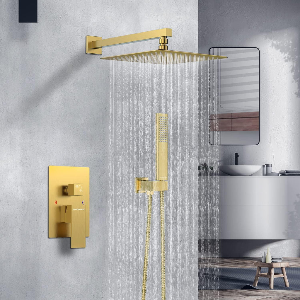 EMBATHER Brushed Gold Shower System- 12 inch Shower Faucet Sets with Rain Shower Head Hand Held Shower Head for Bathroom, Wall Mounted Square Shower Combo Set (Contain Shower Valve and Trim)