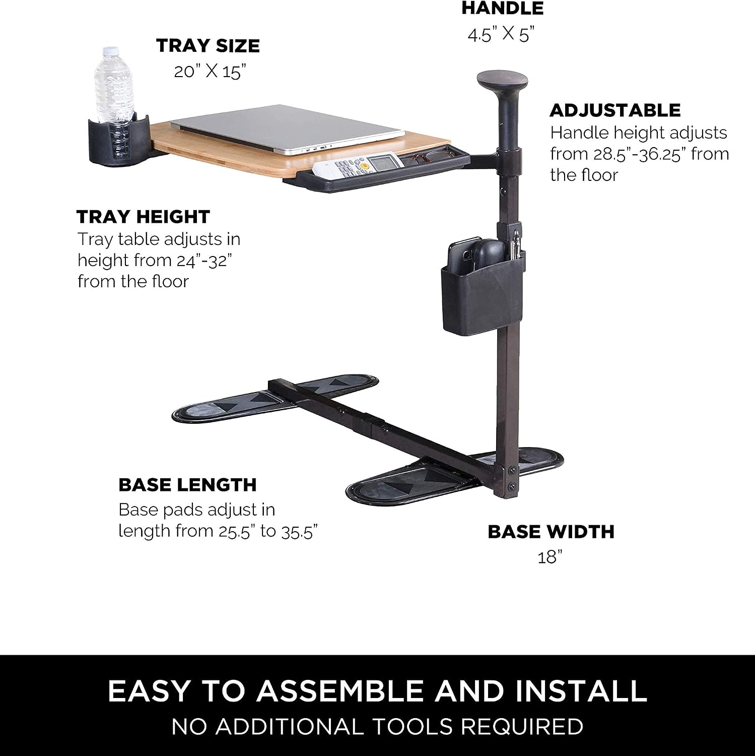 Signature Life Independence Tray Table, Bamboo Swivel TV-Tray, Adjustable Laptop-Table with Ergonomic Stand Assist Safety Handle, Independent Living Aid