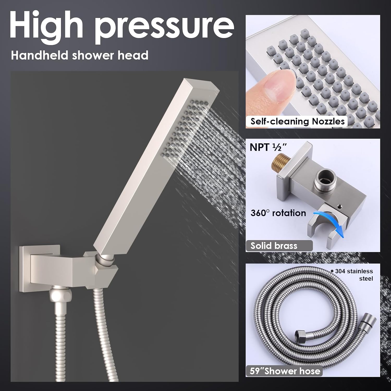 Enga Brushed Nickel Shower System with Body Spray Jets, Wall Mount 12 Inch LED Rain Shower Head Push Button Diverter Shower Fixtures, All Functions Can Run At Once