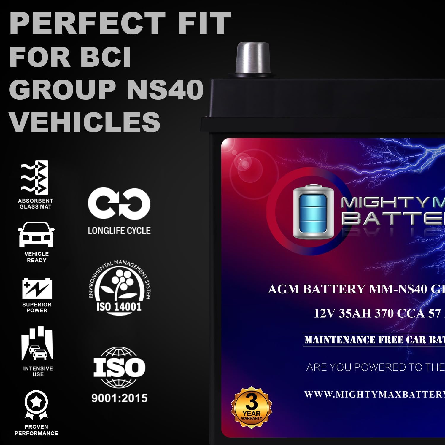 Mighty Max Battery MM-NS40 Start and Stop Car BCI Group Size NS40 12V 35Ah, 57RC, 370 CCA Rechargeable AGM Car Battery
