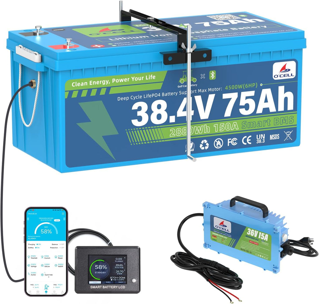 36V 75Ah LiFePO4 Battery (38.4V 2880Wh) - 10-Year Lifespan, Max 4500W (6HP) | Bluetooth 200A BMS, Touch LCD, 43.8V 15A IP67 Charger, Mounting Bracket | Ideal for Golf Carts, Trolling Motors, Solar