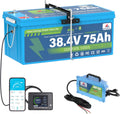 36V 75Ah LiFePO4 Battery (38.4V 2880Wh) - 10-Year Lifespan, Max 4500W (6HP) | Bluetooth 200A BMS, Touch LCD, 43.8V 15A IP67 Charger, Mounting Bracket | Ideal for Golf Carts, Trolling Motors, Solar