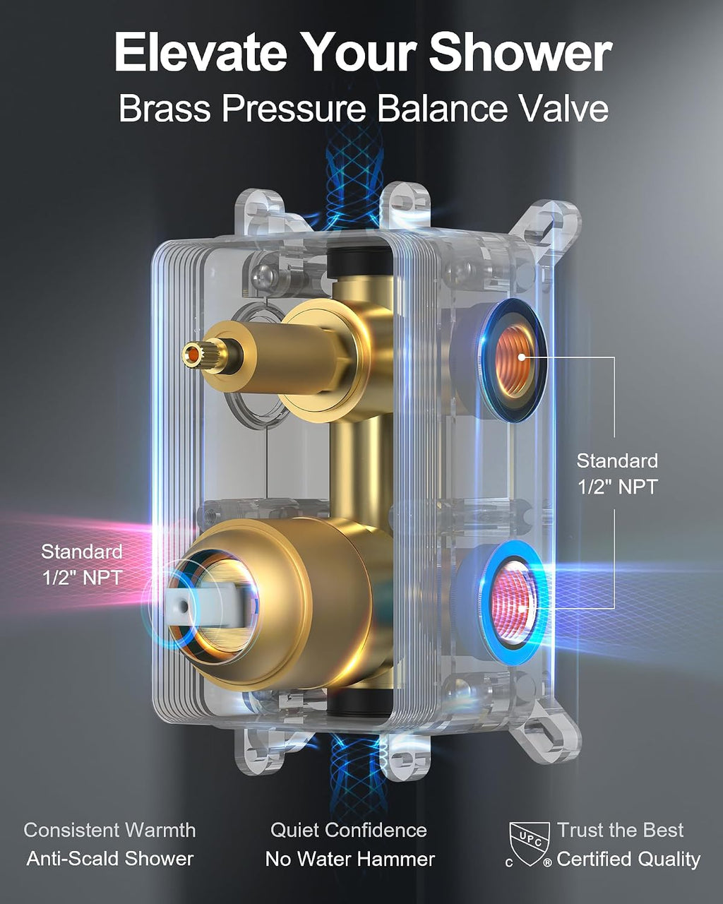 Brushed Gold 3-Function Shower System with 10' Rainfall & 6' Secondary Shower Head, Handheld Combo Set, Wall Mounted cUPC Certified Pressure Balance Valve