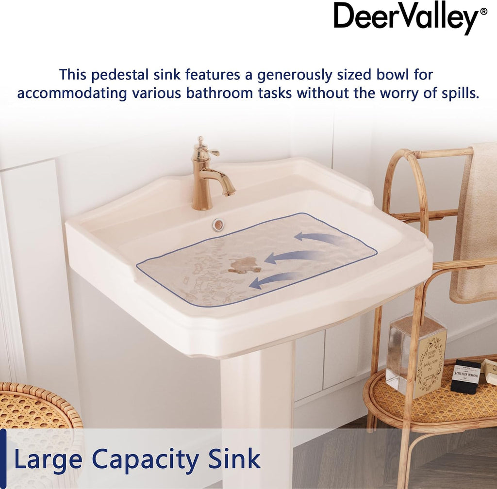 DeerValley 23x19 Inch Bone Colored Pedestal Sink Combo with Overflow and Single Faucet Hole, Ceramic Bathroom Vanity Sink, Model DV-1P522BN01