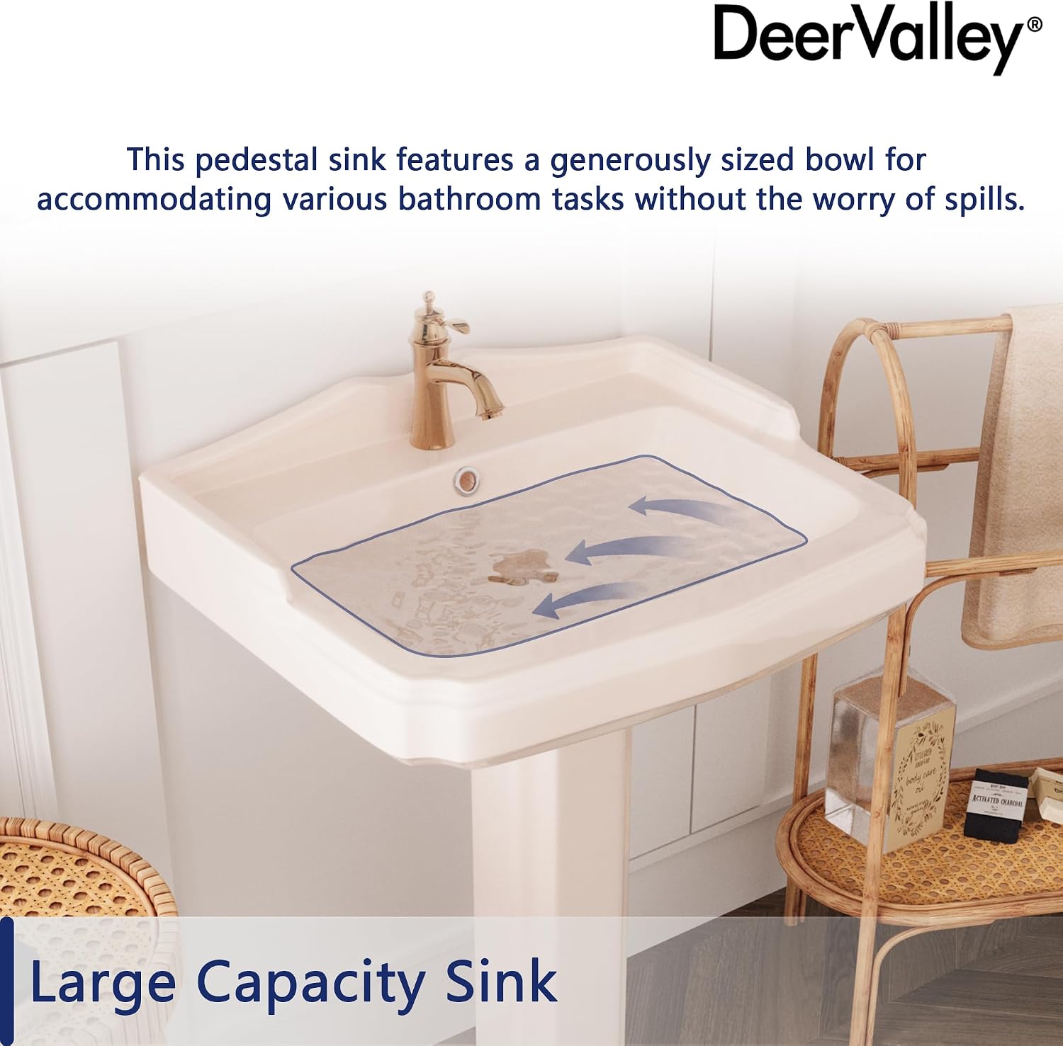DeerValley 23x19 Inch Bone Colored Pedestal Sink Combo with Overflow and Single Faucet Hole, Ceramic Bathroom Vanity Sink, Model DV-1P522BN01