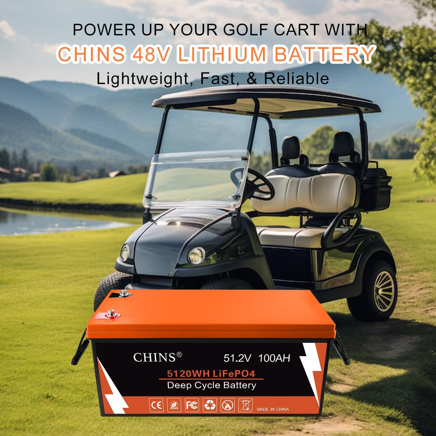 CHINS 48V 100Ah Lithium Golf Cart Battery, Includes Monitor, Built-in Bluetooth 200A BMS, 4000+ Cycles, 48V Lithium Battery Perfect for Golf Cart