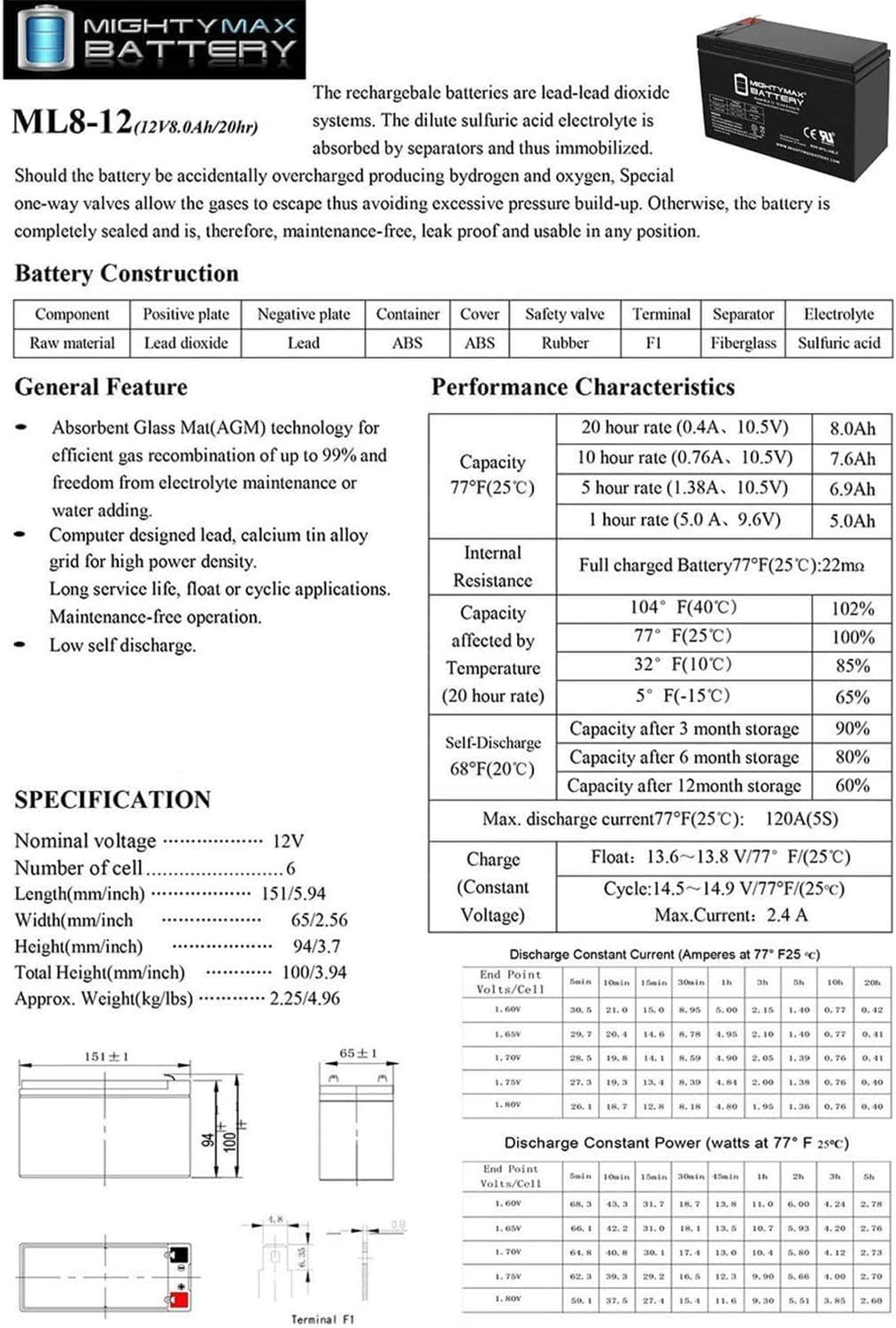 Mighty Max Battery ML8-12 - 12 Volt 8 AH SLA Battery - Pack of 10
